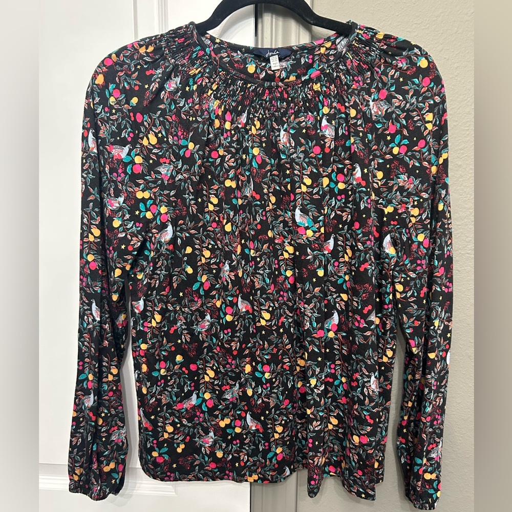 Joules bird and floral print long sleeve blouse